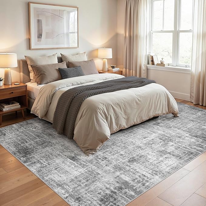 Washable 8x10 Area Rug for Living Room - Modern Abstract Carpet with Non-Slip Backing, Low Pile & Soft, Stain Resistant, Kid & Pet Friendly Decor for Bedroom & Dining Room - Black Grey
