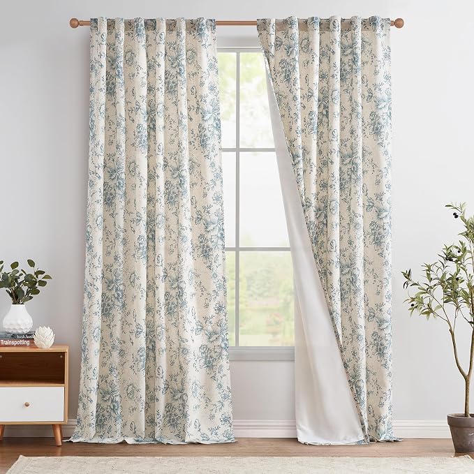 jinchan Blue Floral Linen Curtains Lined 96 Inch Vintage Back Tab 2 Panels | Privacy lining, light filtering drapes, vintage, cottagecore, french country, rustic, bedroom, living room, window treatment