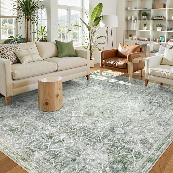 Collive Large Green Area Rug for Living Room 9x12, Washable Area Rug Non Slip Vintage Farmhouse Bedroom Carpet Stain Resistant Ultra-Thin Low Pile Aesthetic Print Floor Rug for Dining Guest Office