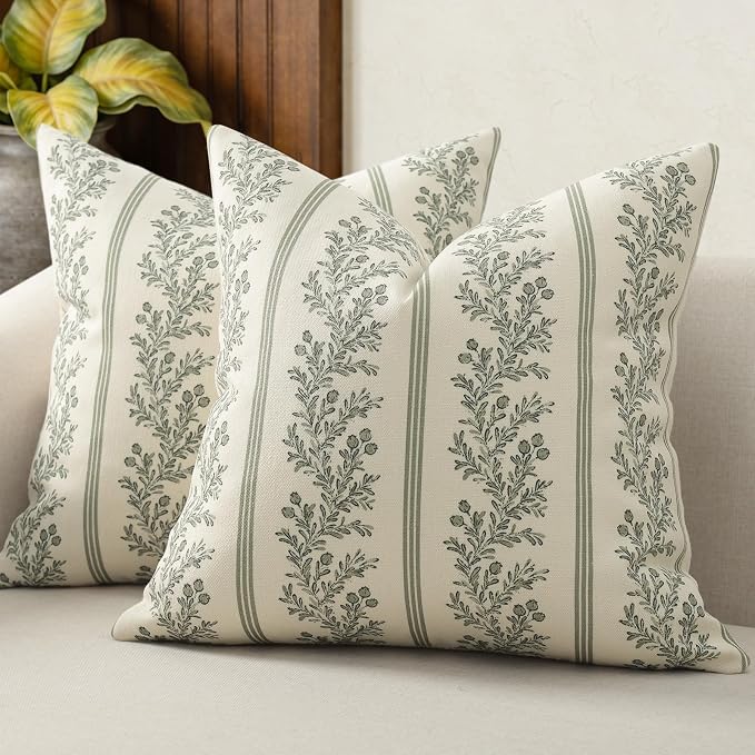 Vintage Throw Pillow Covers 22x22 Set of 2, Striped Floral Pillow Cover Botanical Patterned Decorative Cushion Covers Modern Farmhouse Home Decor for Sofa Couch Bed Living Room, Moss Green