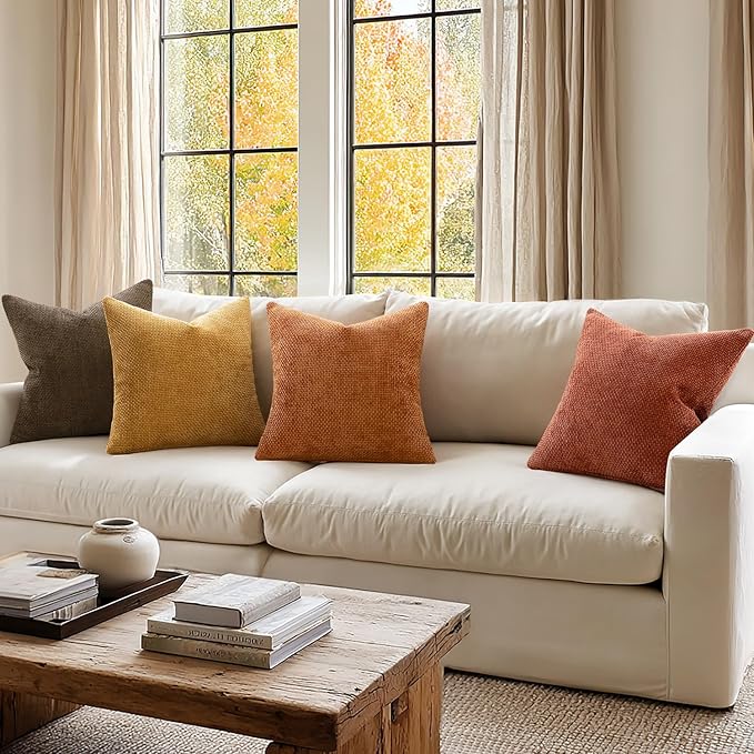 MIULEE Pack of 4 Orange/Yellow Couch Throw Pillow Covers 20x20 Inch Halloween Soft Decorative Chenille Pillows Farmhouse Accent Cushions for Boho Fall Home Decor Sofa Bedroom Living Room