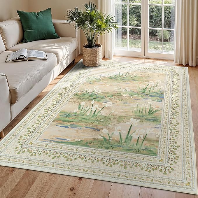 Lessymo Dining Room Rugs for Under Table, 6x9 Washable Floral Area Rug for Living Room, Non Slip Low Pile Carpet for Bedroom, Stain Resistance Cottagecore Farmhouse Nursery Office Decor, Beige Sage
