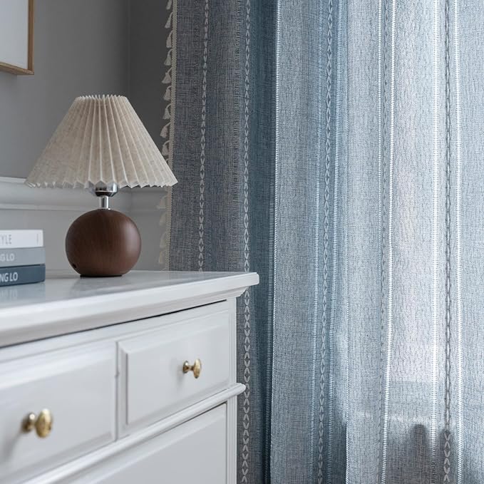 ColorBird Blue Boho Linen-Textured Floor to Ceiling Curtains for Living Dining Room Sliding Door Light Filtering 108 Inches Long Modern Farmhouse Curtains & Drapes for Master Bedroom Big Window