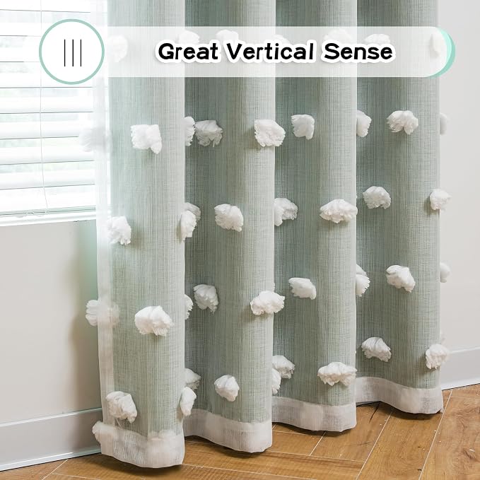 MYSKY HOME Green Blackout Curtains 84 Inches Long for Living Room Decor Kids Curtains for Boys Bedroom Double Layer Drapes White Pom Pom Sheer Back Tab Room Darkening, Aqua, 52 x 84 Inch 2 Panels