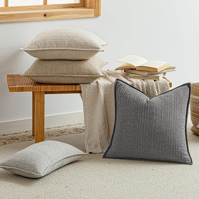 a moment Linen Pillow Covers Set of 2,Boho Farmhouse Throw Pillowcases Neutral Textured Decorative Covers for Couch Sofa,Soft Linen Blend Accent Case Cushion Living Room Home Decor 22"x22"Rustic Gray