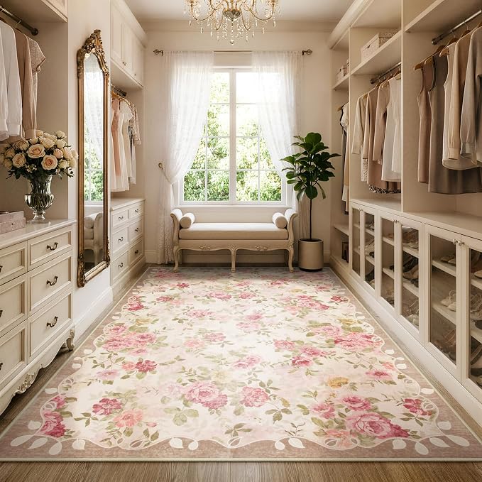 Lahome Washable Area Rug 6x9,Nursery Rug Girl Pink Dorm Rug, Vintage Girls Rugs for Bedroom Ultra-Thin Non Slip Carpet for Playroom Closet Dorm Room Decor Nina (6'X9',Beige)