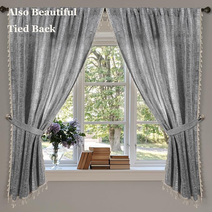 ColorBird Boho Curtains for Bedroom Living Room Linen-Textured Grey 63 Inch Length Farmhouse Light Filtering Neutral Embroidered Striped Linen Drapes 2 Panels Window Treatment