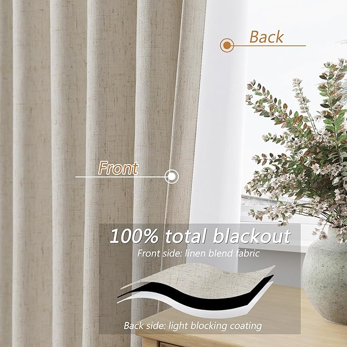 Guken Extra Long 100% Blackout Linen Curtains for Bedroom 108 inches Long, Thermal Insulated Room Darkening Black Out Drapes for Living Room, Back Tab Rod Pocket 2 Panels Set,Grey Beige,52x108
