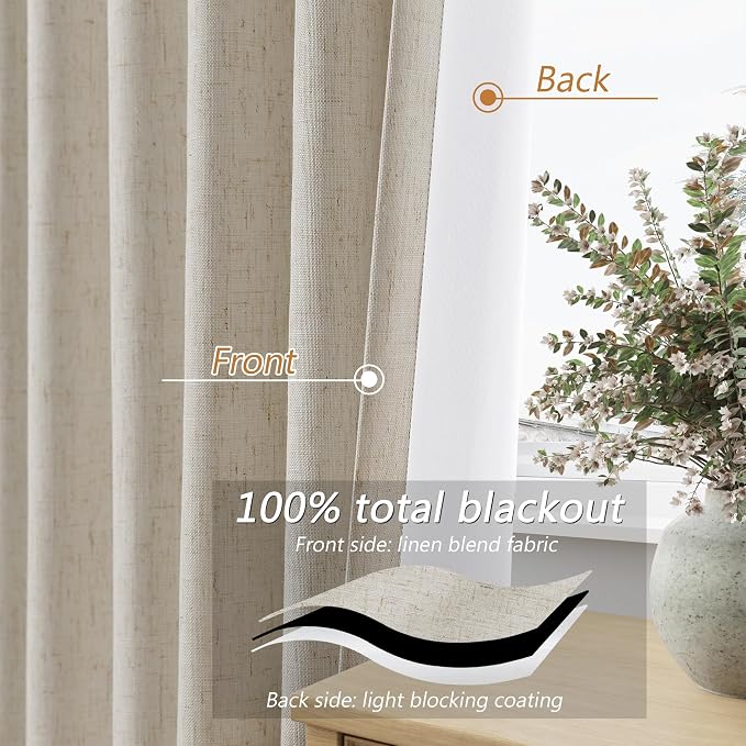 Guken 100% Blackout Linen Curtains for Bedroom 96 inches Long, Thermal Insulated Room Darkening Black Out Drapes for Living Room, Back Tab Rod Pocket 2 Panels Set,Grey Beige,52x96