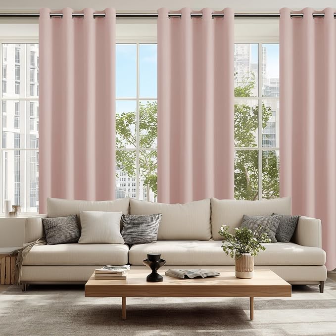 Hiasan Blackout Curtains for Bedroom, 52 x 84 Inches Long - Thermal Insulated Light Blocking Window Curtains for Living Room, 2 Drape Panels Sewn with Tiebacks, Blush