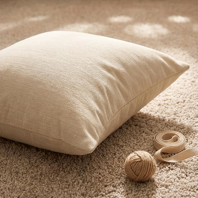 Set of 4 Neutral Throw Pillow Covers 22x22 Inch, Neutral Boho Farmhouse Aesthetic Decorative Pillow Cases for Couch, Sofa, Living Room & Bed, Soft Chenille Pillow Cases, Stylish Home Decor, 55x55 cm