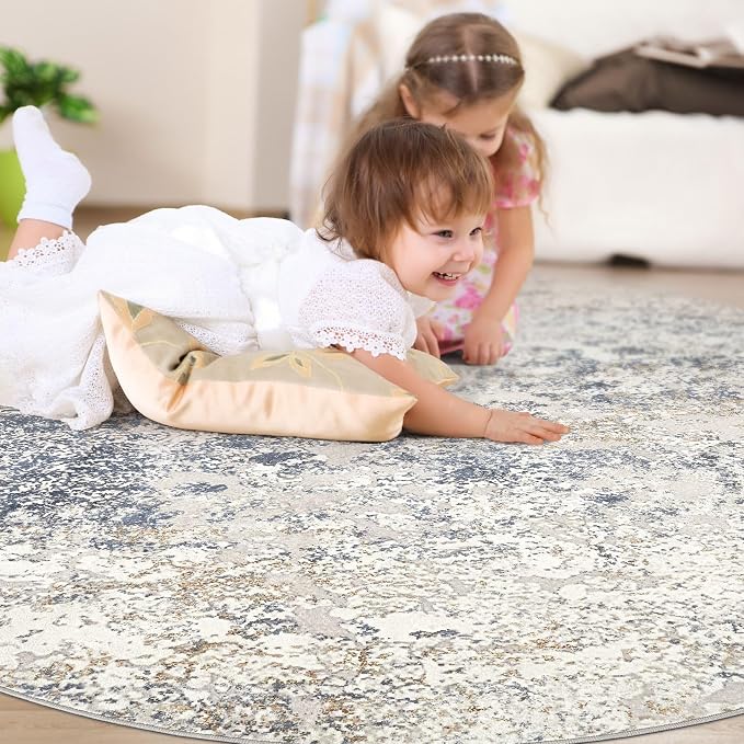 DMOYEST 10ft Round Area Rug Living Room Rugs - 10x10 Washable Circle Rug Large Soft Indoor Neutral Modern Abstract Low Pile Carpet for Bedroom Dining Room Farmhouse Home Office - Beige Blue