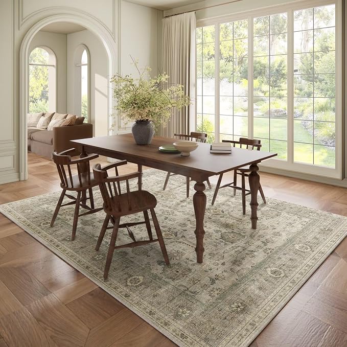 Boho Washable 6x9 Area Rugs for Living Room, Cushioned, Flaxen/Tan | Vintage Non-slip Neutral Oriental Rugs for Bedroom Dining Room Nursery Office High Traffic Area