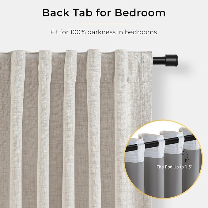 INOVADAY 100% Blackout Curtains for Bedroom, Black Out Curtains 108 Inch Long, Clip Rings Linen Blackout Drapes, Thermal Insulated Room Darkening for Living Room, 2 Panels - Beige,W50xL108