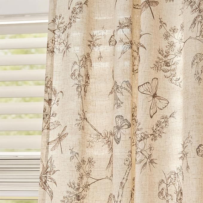 Lazzzy Charlotte Farmhouse Linen Curtains Taupe Floral Curtains 108 Inch Length Extra Long Drapes for Living Room Bedroom Light Filtering Country Vintage Rod Pocket Curtain, 2 Panels, Taupe on Beige