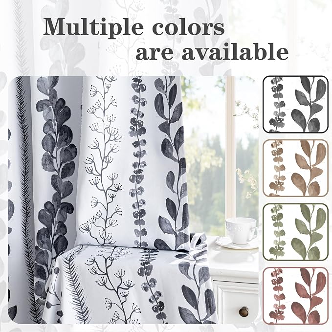 MEETSKY Boho Blackout Leaves Patterned Curtains 95 Inch Long 2 Panels Set for Bedroom, Room Darkening Dark Grey Drapes for Living Room, Thermal Insulated Rod Pocket Back Tab Window Treatment, 50"Wide