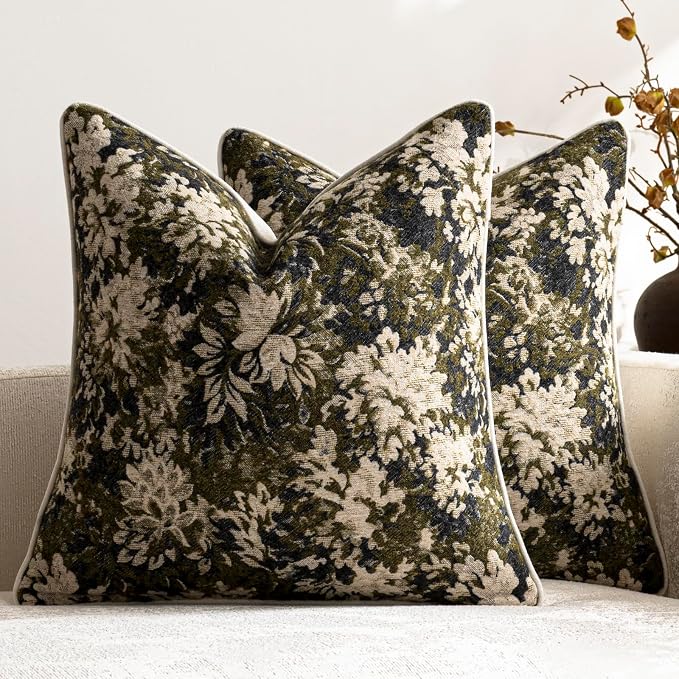 DEZENE Pack of 2 Vintage Floral Euro Sham Covers 26x26 Boho Farmhouse Accents Chenille Square Decorative Throw Pillow Cases for Living Room Couch Bed Home Decor, Olive Green