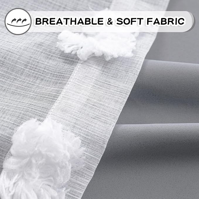MYSKY HOME Grey Blackout Curtains for Kids Room Boys Bedroom 63 Inch Long Double Layer Curtain with White Pom Pom Sheer for Dining Room Back Tab Room Darkening Window Drapes 2 Panels, 52 x 63 in