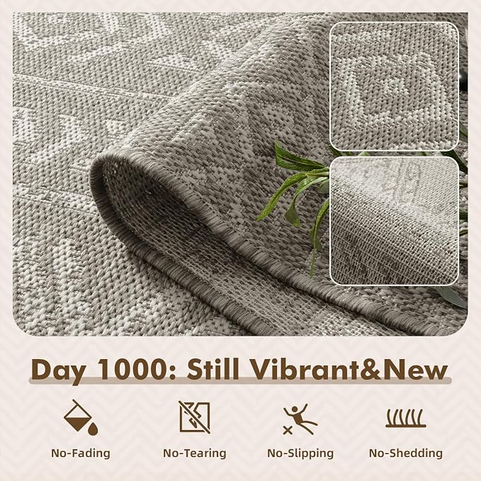 MontVoo-Outdoor Rug-Patio Rug 5x7 ft Polypropylene Indoor Outdoor Rugs Outdoor Carpet for Patio Deck Balcony Porch, Textured Weave, Durable for High Traffic, Fade-resistant, Boho Farmhouse Silver Grey