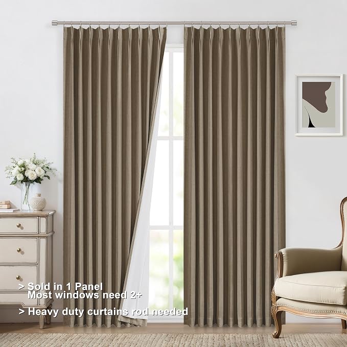 Vision Home Brown Pinch Pleated Full Blackout Curtains Linen Blended 60 inch Wide Thermal Insulated Window Panels for Bedroom Living Room Darkening Pinch Pleat Drapes with Hooks Back Tab 60" Wx63 Lx1