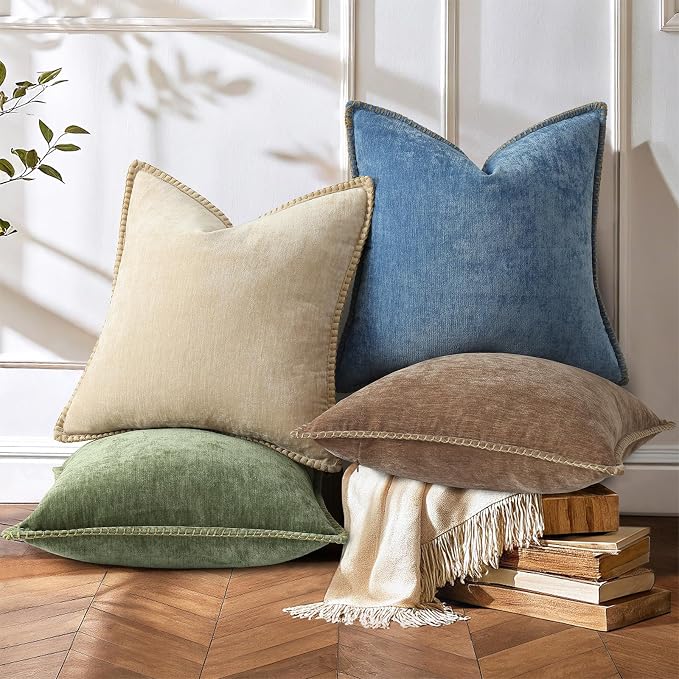 decorUhome Soft Chenille Throw Pillow Covers 24x24 Set of 2 Brown | Fall Textured Decorative Throw Pillow Cases Stitched Edge Modern Farmhouse Luxury Boho Velvet for Couch Sofa Bed Home Decor