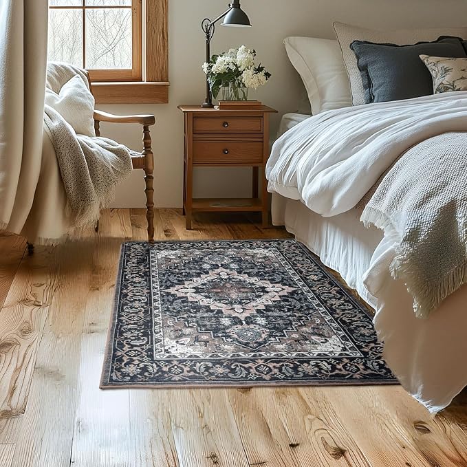 Lessymo 3 x 5 Area Rugs for Living Room,Machine Washable Area Rugs Boho Faux Wool Low Pile Area Rug for Bedroom Floral Medallion Vintage Rugs with Non-Slip Rubber, Kid & Pet Friendly,Black Brown
