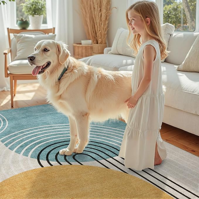 DCX Abstract Machine Washable 7x9 Rug, Mid Century Modern Rug for Living Room, Soft Low Pile Non Slip Carpet, Kid & Pet Friendly Stain Resistant Rug for Bedroom Dining Room Office, Blue & Yellow