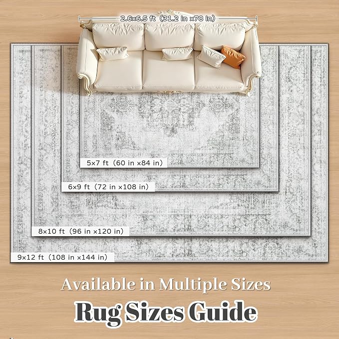 6X9 Area Rugs for Living Room, Washable Rugs Gray Vintage Medallion Non-Slip Soft Low Pile Rug Large Indoor Retro Carpet for Bedroom Dining Room Home Office Nursery Room(Gray,6'x9')