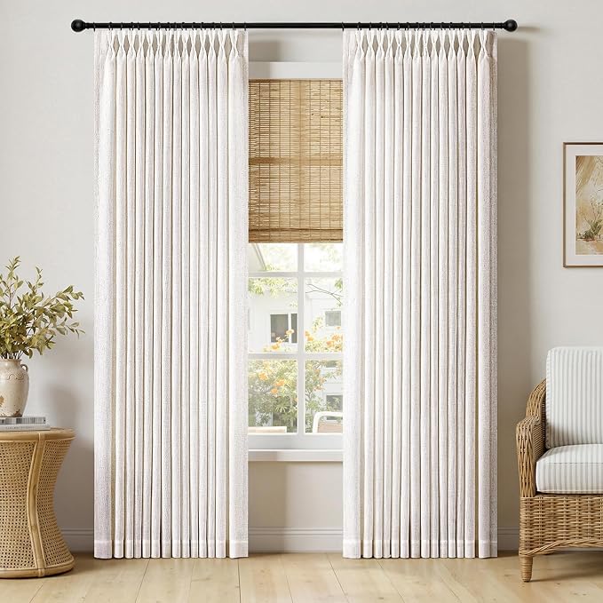 MIULEE Pinch Pleated Thick Linen Curtains 86 Inches Long 2 Panels Set for Living Room Bedroom, Linen Textured Drapes Pinch Pleat Back Tab Light Filtering Natural Farmhouse Semi Sheer Window Curtains