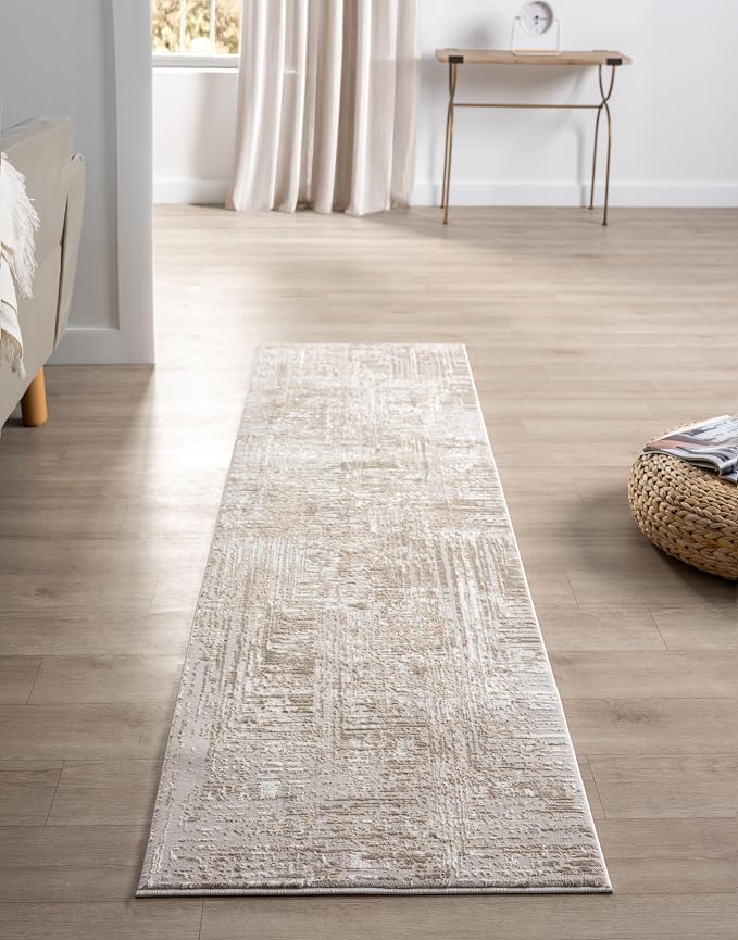 Amy Modern Abstract Runner Rug for Kitchen, 2x7 Contemporary Textured Geometric Beige Neutral Runner, High-Low Pile Stain Resistant Carpet for Bedroom, Hallway or Entryway (2' x 7', Beige)