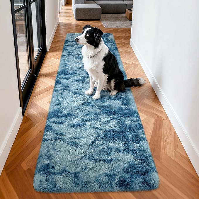 2x8 ft Plush High Pile Blue Tie-Dyed Rug Fluffy Soft Runner Bedside Rug for Bedroom Living Room Hallway Nursery Kids Home Decor Shag Carpet