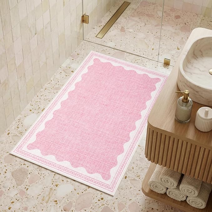 GarveeHome Door Mat Indoor Rugs for Entryway Small Rug 2x3 Washable Non-Slip Solid Pink Modern Minimalism Low-Pile Scalloped Throw Carpet for Girls Bedroom Kitchen Bathroom Entrance