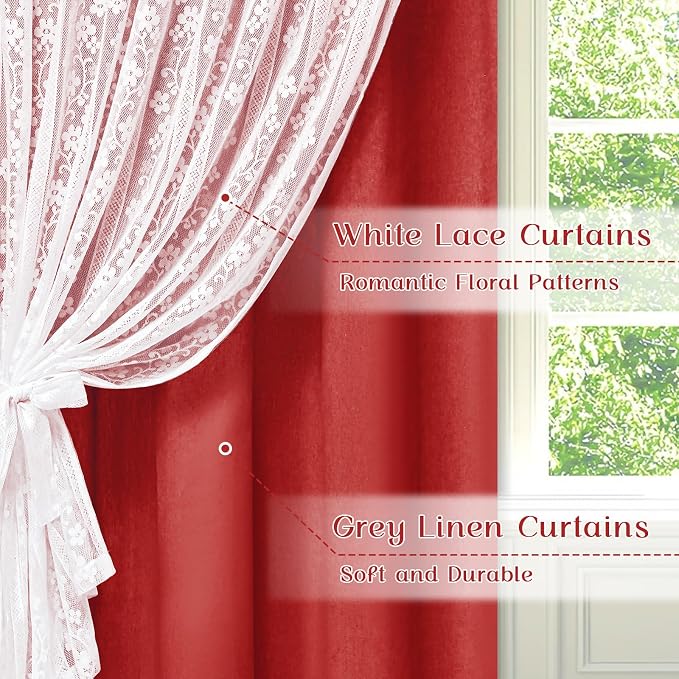 ASPMIZ Linen Curtains for Living Room Double Layers Curtains for Bedroom Farmhouse Window Curtain with Linen Lace, Light Filtering Curtain 63 Inch Length, Rod Pocket Drape with 2 Tiebacks, Red