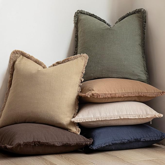 Foindtower Set of 2 Decorative Linen Fringe Lumbar Throw Pillow Covers Farmhouse Cushion Cover with Tassels Soft Accent Pillowcase for Couch Sofa Bed Living Room Home Decor,12×20 Inch,Reddish Brown
