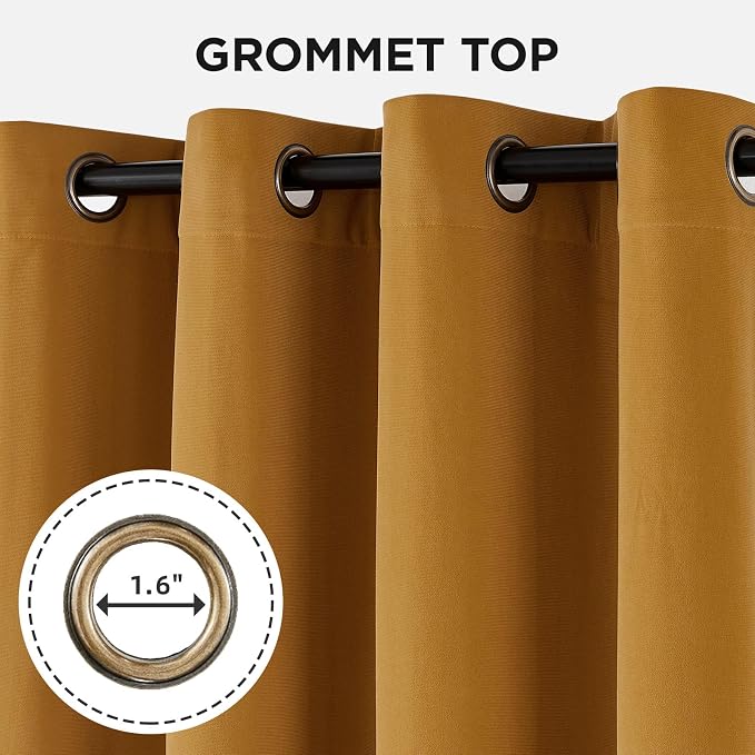 Joydeco 100% Blackout Velvet Curtains Mustard Yellow 108 Inch Grommet Top | Luxury Thermal Insulated Velvet Curtains for Bedroom Living Room, Soundproof Blackout Window Drapes