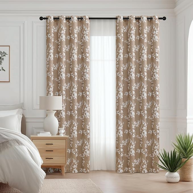 FMFUNCTEX 100% Blackout Brown Floral Curtains 96 Inch Grommet 2 Panels | Black Out Drapes,Thermal Insulated Cottage Farmhouse, Blossom Patterned Extra Long Curtain for Bedroom, Living Room Darkening