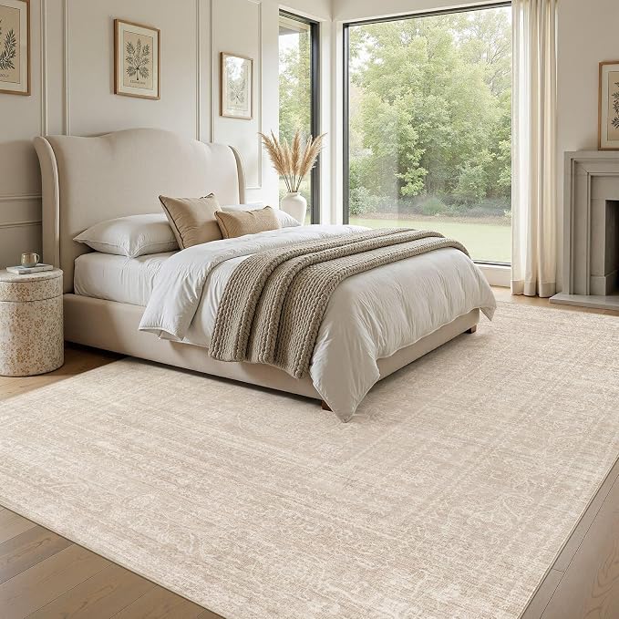 Nakagishi 12x15 Area Rugs Living Room: Washable Large Vintage Rug Neutral Non-Slip Soft Stain Resistant Indoor Carpet for Bedroom Nursery Dining Room Office Playroom - Beige
