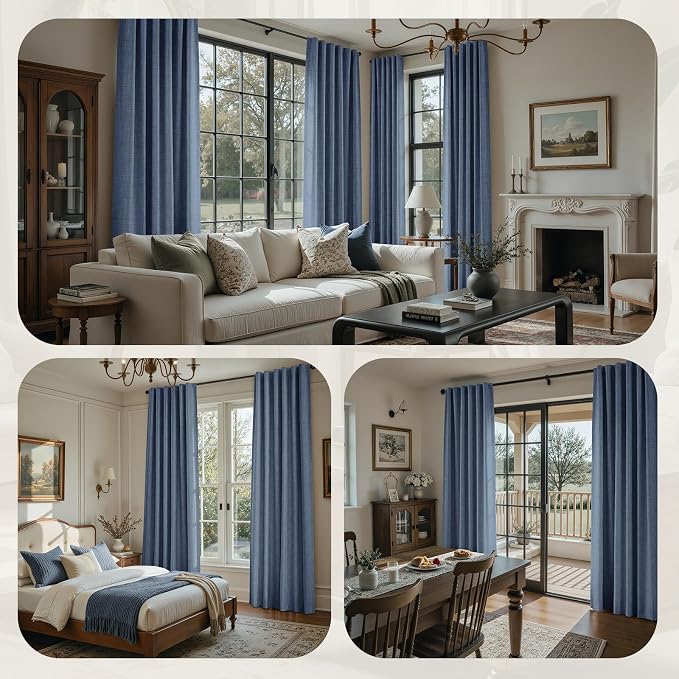 HOMEIDEAS 100% Blackout Faux Linen Curtains,Stone Dusty Blue Modern Farmhouse Luxury Curtains 63 Inches Long 2 Panels, Rod Pocket & Back Tab for Boho Vintage Living Room,Bedroom Decor