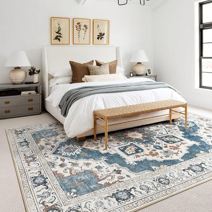 10x14 Washable Area Rug: Vintage Neutral Soft Non Slip Thin Large Floor Carpet for Living Room Bedroom Kitchen Dining Room Home Office Farmhouse Indoor - Blue