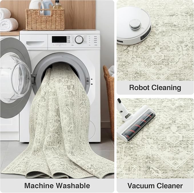 FMFUNCTEX 6x9 Washable Area Rug Green Neutral Distressed Oriental Vintage Large Non Slip Carpet for Living Room Bedroom Soft Low Pile Indoor Mat Retro Throw Rug for Dining Room Kitchen Office Nursery