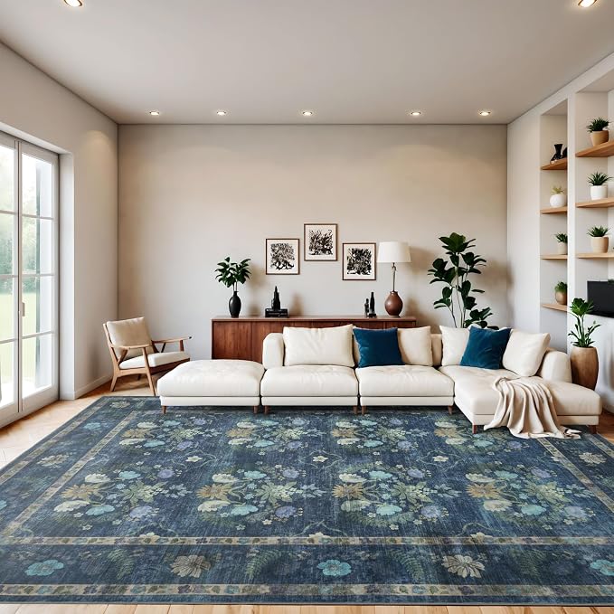 5x7 Floral Washable Area Rug, Blue Floral | Living Room,Low Pile Non Slip Girls Carpet Non-Shedding Soft Indoor Stain Resistant Vintage Kids Mat for Bedroom Dining Room
