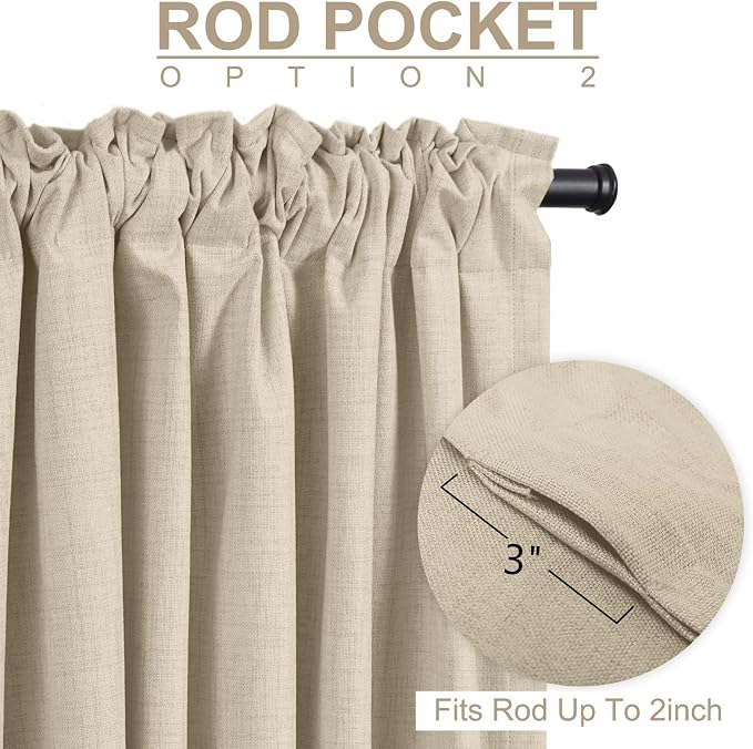 100% Blackout Shield Linen Blackout Curtains for Bedroom 102 Inches Long, Back Tab/Rod Pocket Living Room Drapes, Thermal Insulated Blackout Curtains 2 Panels Set, 50" W x 102" L, NaturalFlax