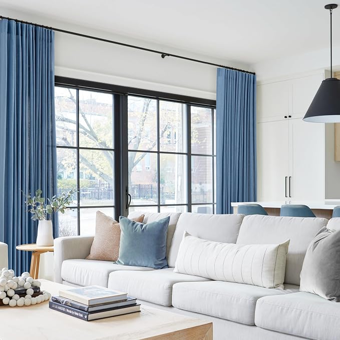 Denim Blue Curtains for Living Room Back Tab Modern Farmhouse Semi Sheer Blue Curtains 63 inches Long 2 Panels Set Muted Neutral Window Curtain for Dining Room Bedroom 52x63