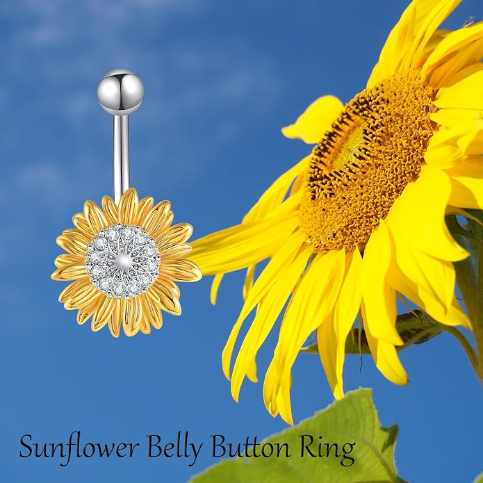 Sunflower Daisy Belly Button Ring Dangle Hoop 925 Sterling Silver Hypoallergenic Belly Button Piercing Body Navel Rings Sexy Belly Button Jewelry Gifts for Women (14G)