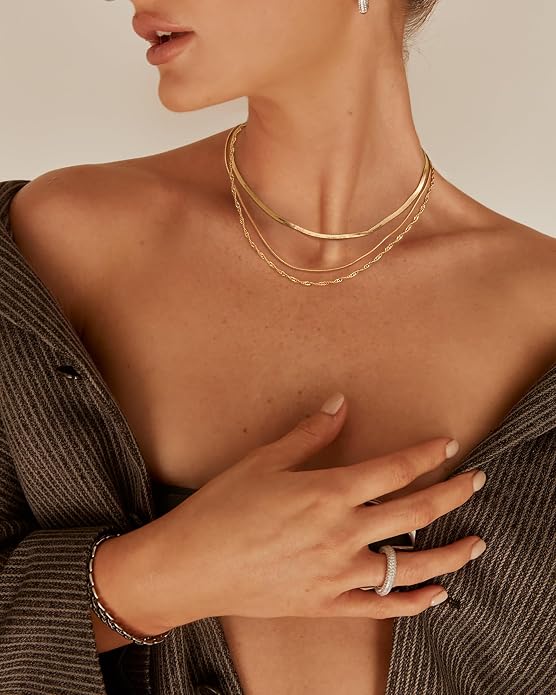 Tewiky Layered Necklaces for Women Non Tarnish- Chunky 14k Gold Plated Herringbone/Snake/Rope/Box/Cuban Link Chain for Women Waterproof Layering Stack Choker Necklace Trendy Dainty Tarnish Free Jewelry Set