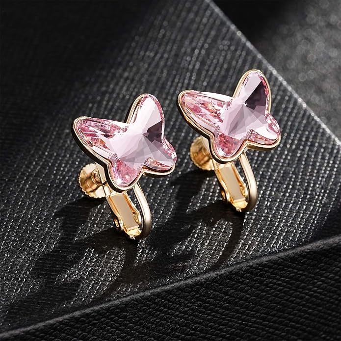 EVEVIC Austrian Crystal Butterfly Clip On Earrings for Women Adjustable Screw Back Non Pierced Earring 14K Gold Plated Hypoallergenic Jewelry