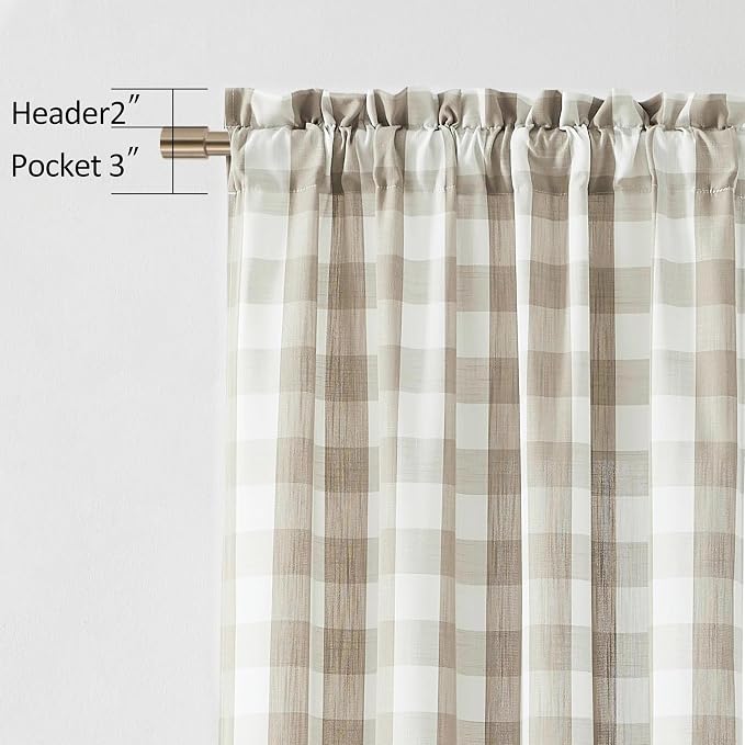 Beige White Plaid Semi Sheer Curtains 63 Inch Rod Pocket | Neutral Tonal Farmhouse Drapes for Bedroom Living Room,Woven Look Light Diffusing Privacy Home Decor,52"Wx63"L(Pack of 2)