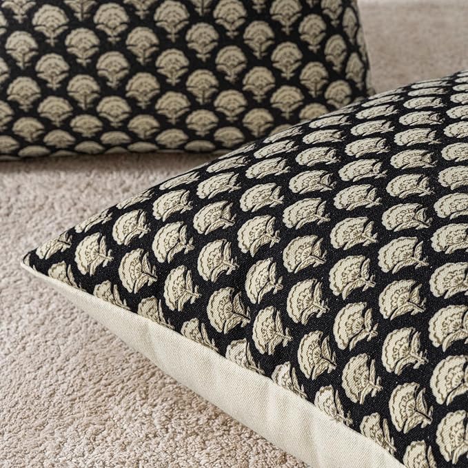 MIULEE Set of 2 Decorative Floral Throw Pillow Covers Neutral Vintage Fall Block Print Boho Farmhouse Cushion Covers for Modern Spring Home Decor Couch Sofa Bed Living Room, 20x20 Inch, Black Gold