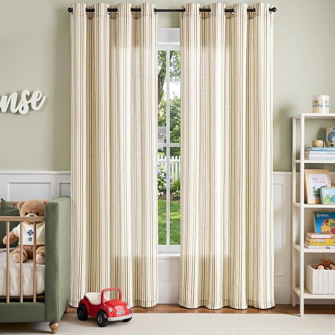 jinchan Linen Curtains 84 inch Green Stripe for Kids Room Grommet 2 Panels | Kids Curtains for Nursery Living Room Bedroom Baby Boys Room,Cute Colorful Ticking Stripe,Cottagecore Rustic,Light Filtering