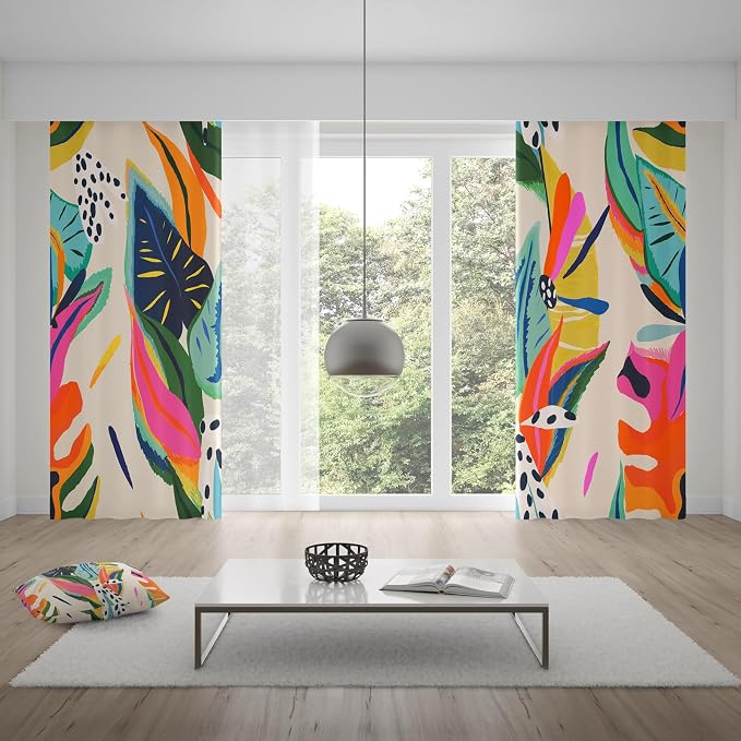 Boho Floral Abstract Black Out Window Curtains, Jungle Colorful Asthetic Modern Art Bohemian Decor for Bedroom, Living Room, Art Gallery Grommet Window Drapes 2 Panel Set, 52"x96"